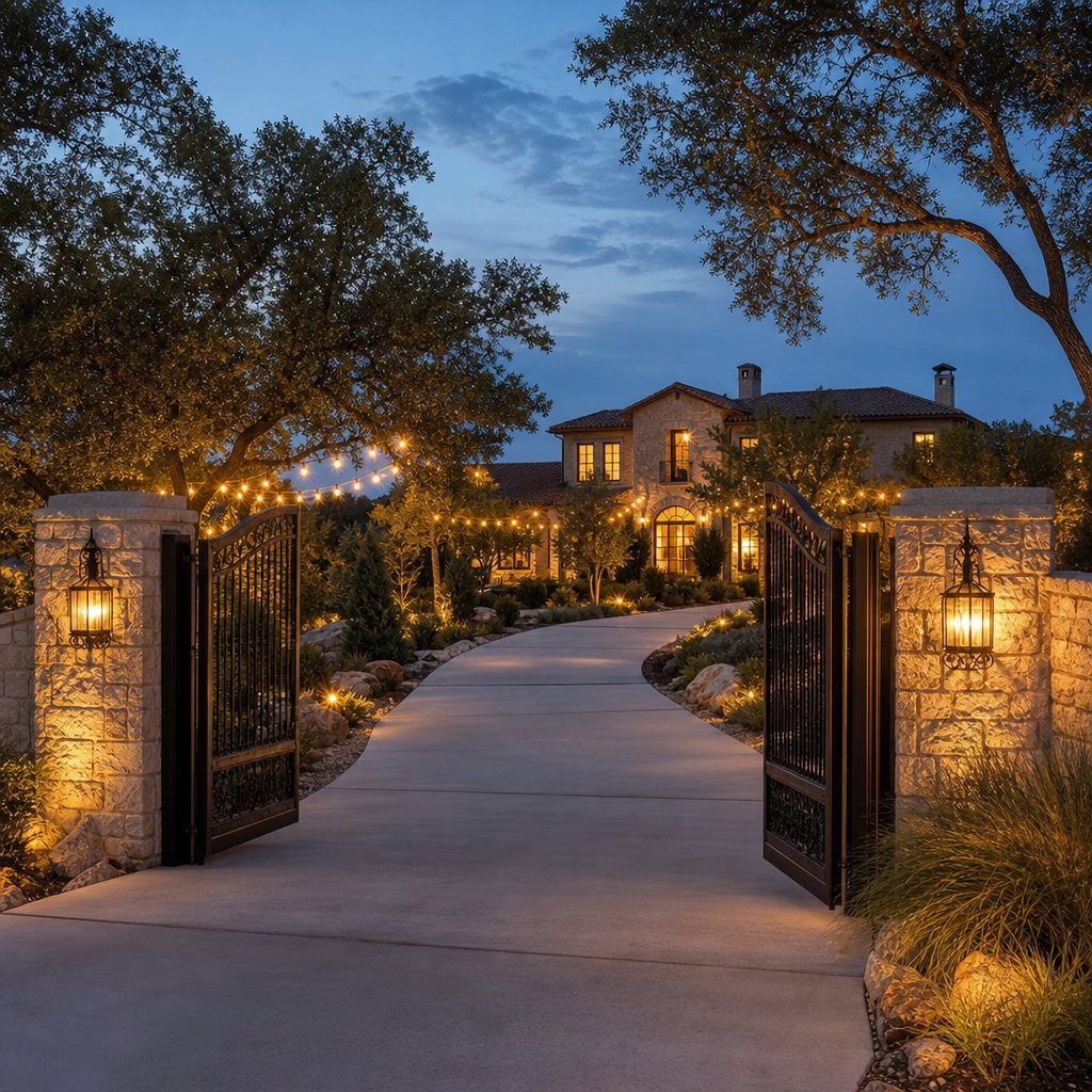 AI-generated concept image of a gated Barton Creek estate at dusk