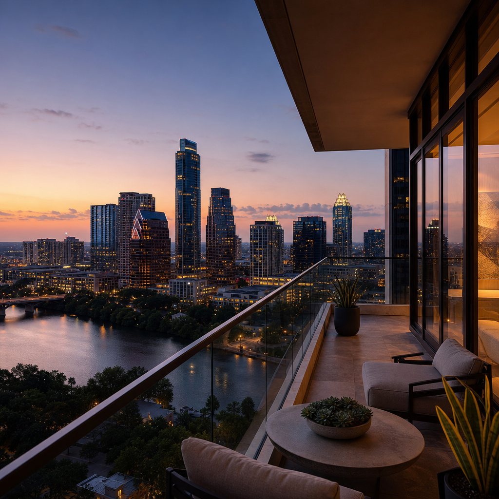 AI-generated concept image of the downtown Austin skyline from a luxury high-rise residence