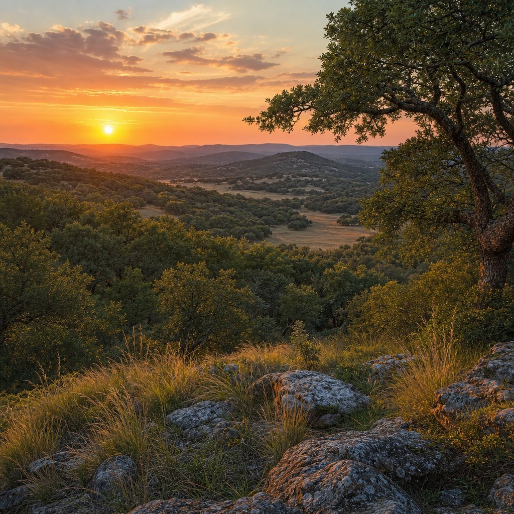 AI-generated concept image of Texas Hill Country acreage at sunset