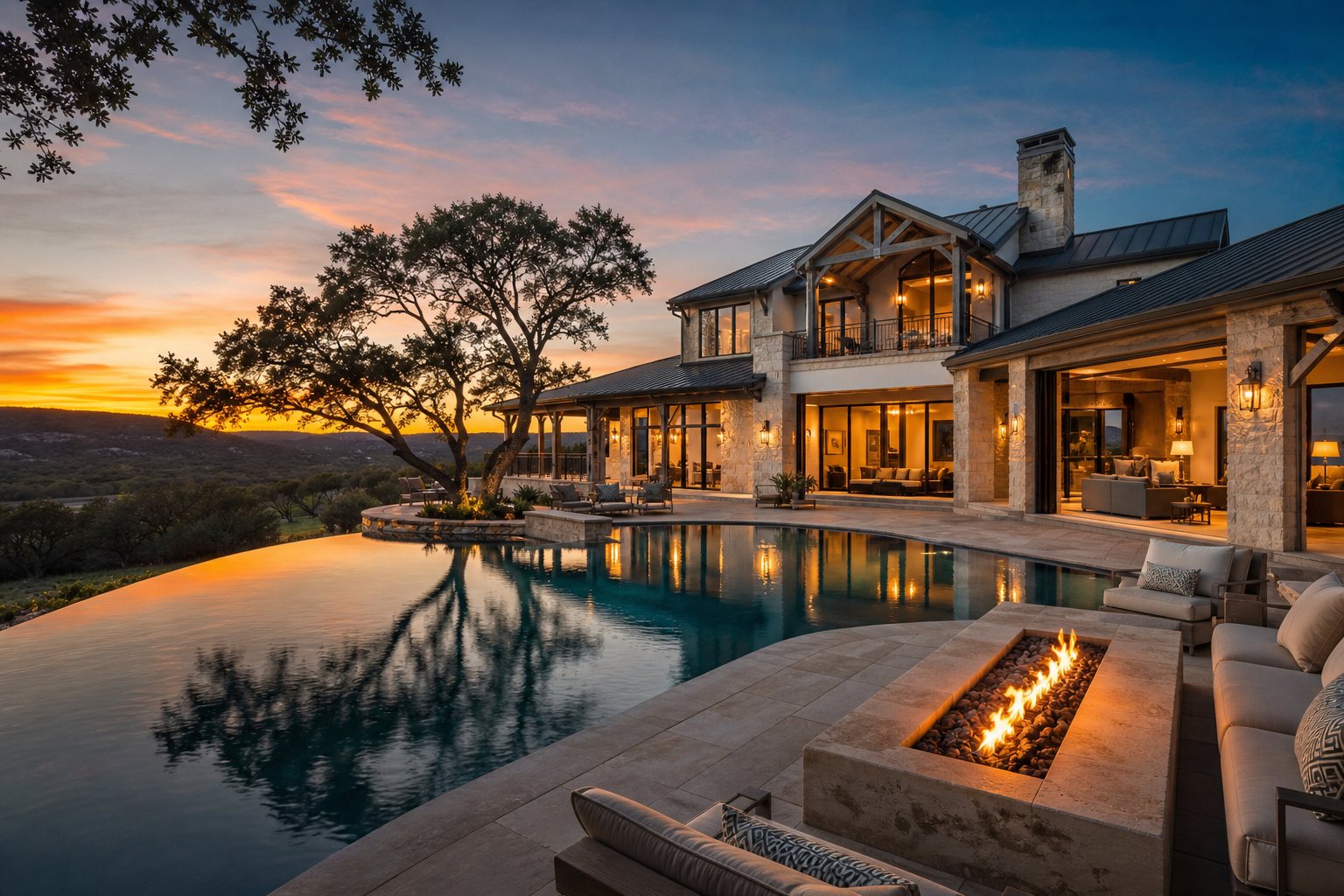 AI-generated concept image of a luxury Texas Hill Country estate at golden hour, representing the caliber of home Brayson Verzella represents